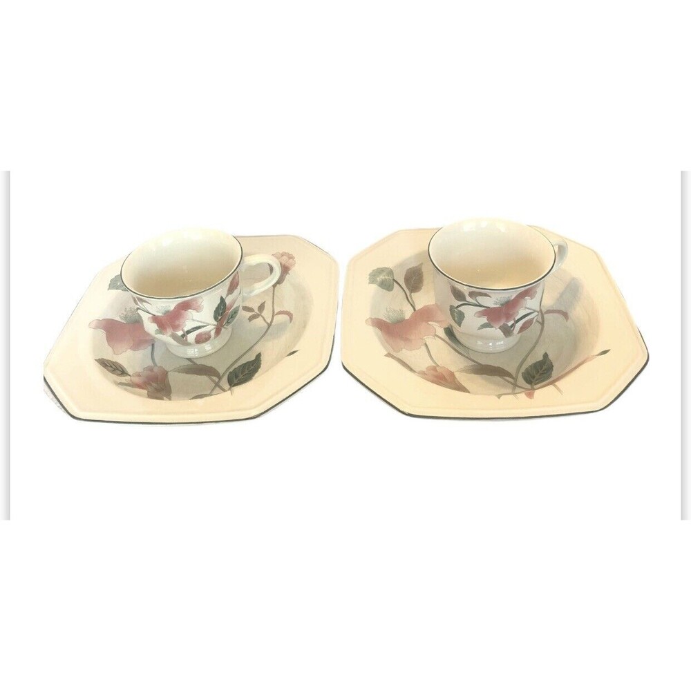 Mikasa Continental Silk Flowers F-3003 8.5” Low Rimmed Soup Bowls &‎ Cups-2 Sets
